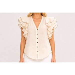 Sass & Bide Silk Linen Ruffle Blouse Ivory Sheer Romantic Boho Luxury Top SZ 2